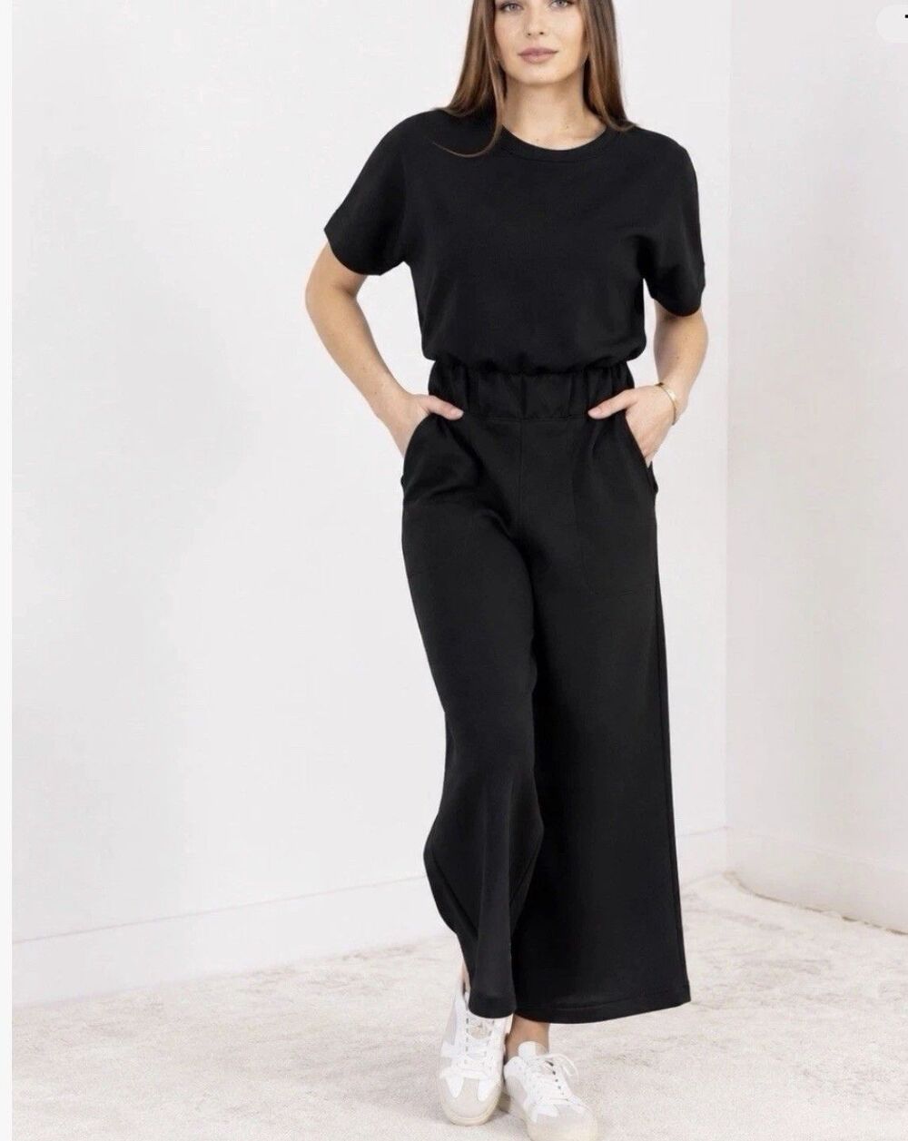 SPANX AirEssentials Wide Leg Jumpsuit Black Modal Blend Athleisure Minimalist S